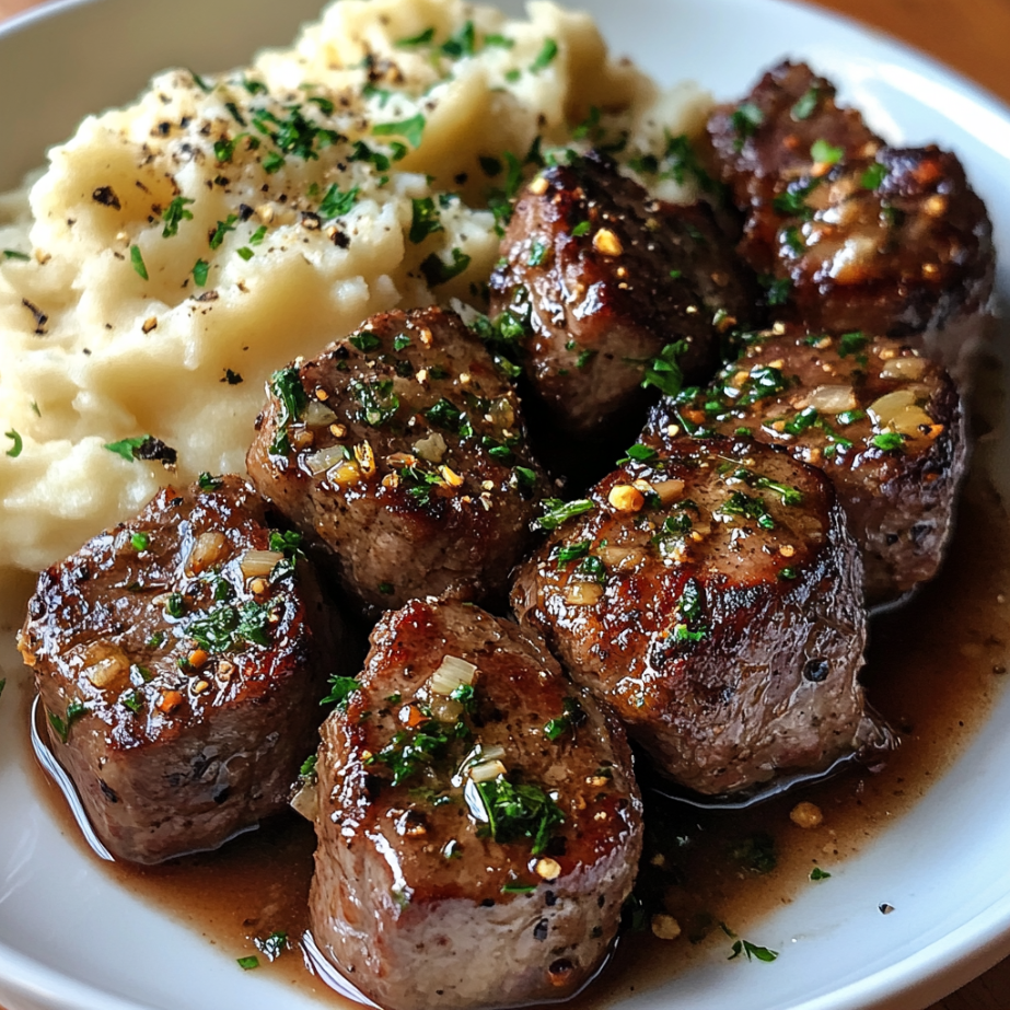 Garlic Butter Steak Bites and Mash