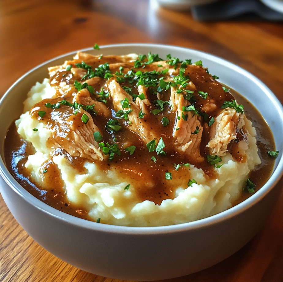 Shredded Chicken Gravy on Mashed Potatoes