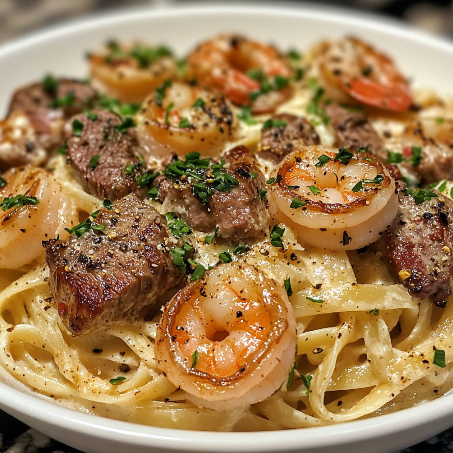 Shrimp and Steak Alfredo Pasta